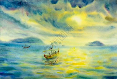 复制地平线印象派原始画的渔船家庭生活方式和日云背景中的情感色彩多绘画了印象插图在太阳云背景中绘制了图片图片
