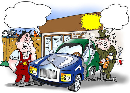 优雅的卡通插画说明卖方和买看旧车由一辆新汽组成卖家和买看旧车修理勤杂工图片