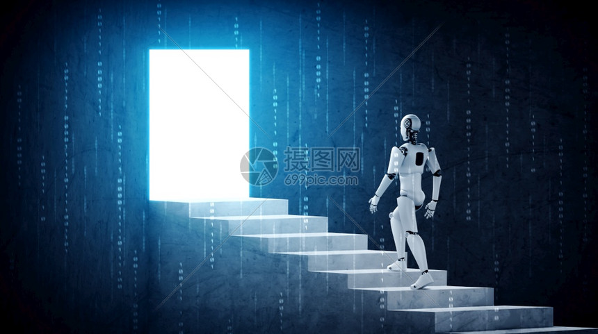 科幻未来派3D让机器人类体走上成功与实现目标的楼梯AI概念思考大脑和机器学习过程第四轮工业革命3D让机器人类体走上成功之路AI概图片