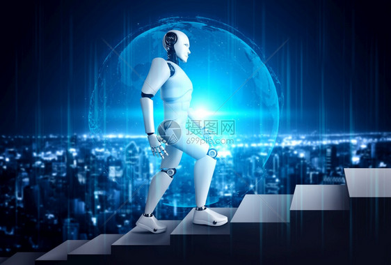 灵感门户143D让机器人类体走上成功与实现目标的楼梯AI概念思考大脑和机器学习过程第四轮工业革命3D让机器人类体走上成功之路AI图片