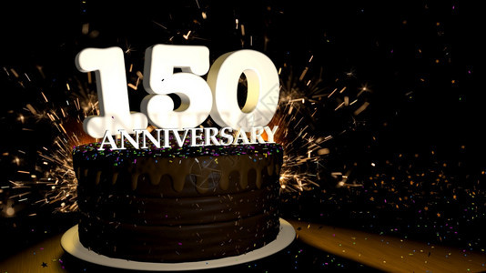 基多甜的有色周年纪念150卡圆形巧克力蛋糕装饰着蓝色红黄绿的糖衣杏仁木桌上有白色数字背景是人造火星和彩色糖衣落在桌子上3D插图周图片
