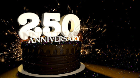 焰火快乐的甜250个纪念周年圆桌巧克力蛋糕装饰着蓝色红黄和绿的拖车在木制桌子上标有白色数字而木制桌子上标有白数字背景是人造火和星图片