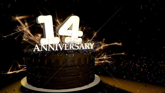 问候黑色的周年14卡圆形巧克力蛋糕装饰着蓝色红黄绿的糖衣杏仁木桌上有白色数字背景是人造火星和彩色糖衣落在桌子上3D插图周年纪念贺图片