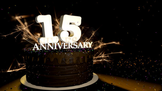 圆形的乐趣盘子周年纪念15卡圆形巧克力蛋糕装饰着蓝色红黄绿的糖衣杏仁木桌上有白色数字背景是人造火星和彩色糖衣丸落在桌子上3D插图图片
