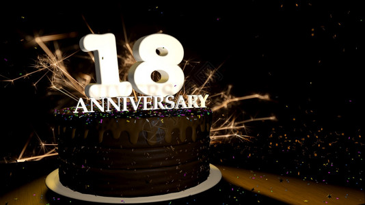 周年18卡圆形巧克力蛋糕装饰着蓝色红黄绿的糖衣杏仁木桌上有白色数字背景是人造火星和彩色糖衣落在桌子上3D插图周年纪念贺卡巧克力蛋图片