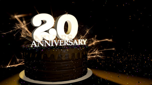 庆典20周年纪念卡圆巧克力蛋糕装饰在木制桌上的蓝色红黄绿和白数字的拖累者木制桌子上有白数背面人为火星和彩色拖拉者倒在3D桌上D杯图片