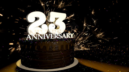 人造的周年纪念日23卡圆形巧克力蛋糕装饰着蓝色红黄绿的糖衣杏仁木桌上有白色数字背景是人造火星和彩色糖衣丸落在桌子上3D插图周年纪图片