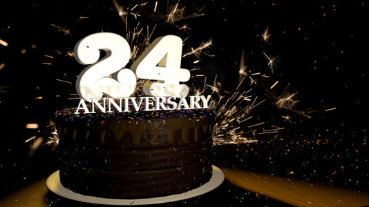 杏仁巧克力红色的火花周年纪念24卡圆形巧克力蛋糕装饰着蓝色红黄绿的糖衣杏仁木桌上有白色数字背景是人造火星和彩色糖衣丸落在桌子上3D插图周年设计图片