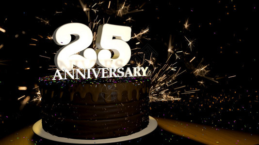 周年纪念25卡圆形巧克力蛋糕装饰着蓝色红黄绿的糖衣杏仁木桌上有白色数字背景是人造火星和彩色糖衣丸落在桌子上3D插图周年纪念贺卡巧图片
