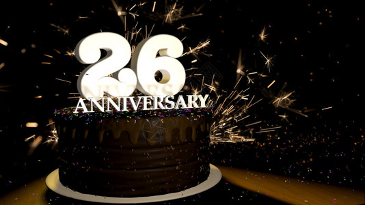 甜的一种盘子周年纪念26卡圆形巧克力蛋糕装饰着蓝色红黄绿的糖衣杏仁木桌上有白色数字背景是人造火星和彩色糖衣落在桌子上3D插图周年图片