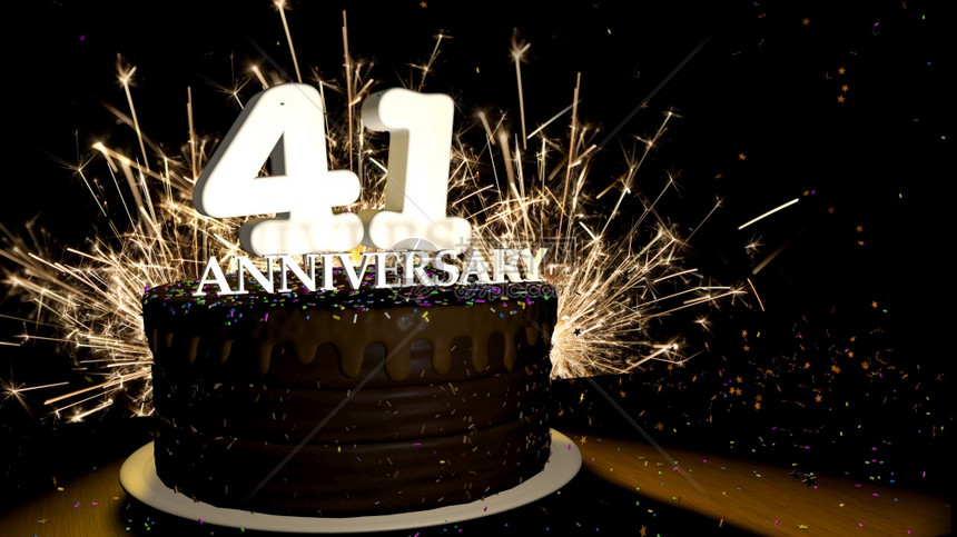 蓝色的魔法周年纪念41卡圆形巧克力蛋糕装饰着蓝色红黄绿的糖衣杏仁木桌上有白色数字背景是人造火星和彩色糖衣落在桌子上3D插图周年纪图片