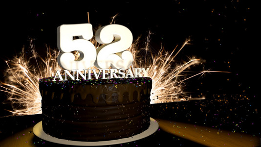 木制的周年纪念52卡圆形巧克力蛋糕装饰着蓝色红黄绿的糖衣杏仁木桌上有白色数字背景是人造火星和彩色糖衣丸落在桌子上3D插图周年纪念图片