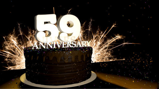 热的59周年纪念卡圆形巧克力蛋糕装饰着蓝色红黄绿的糖衣杏仁木桌上有白色数字背景是人造火星和彩色糖衣丸落在桌子上3D插图周年纪念贺图片