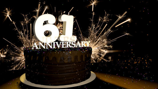 火焰周年纪念61卡圆形巧克力蛋糕装饰着蓝色红黄绿的糖衣杏仁木桌上有白色数字背景是人造火星和彩色糖衣落在桌子上3D插图周年纪念贺卡图片
