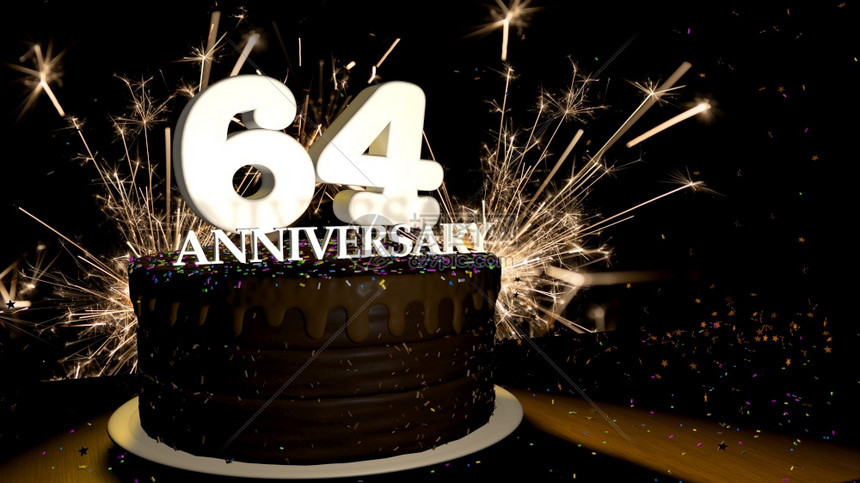 庆典食物周年纪念64卡圆形巧克力蛋糕装饰着蓝色红黄绿的糖衣杏仁木桌上有白色数字背景是人造火星和彩色糖衣丸落在桌子上3D插图周年纪图片