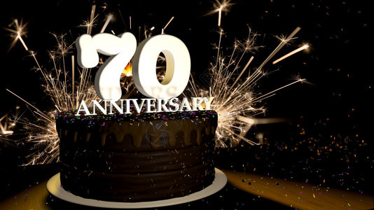 周年纪念70卡圆形巧克力蛋糕装饰着蓝色红黄绿的糖衣杏仁木桌上有白色数字背景是人造火星和彩色糖衣丸落在桌子上3D插图周年纪念贺卡巧图片