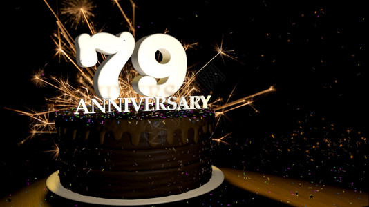 白色的周年纪念79卡圆形巧克力蛋糕装饰着蓝色红黄绿的糖衣杏仁木桌上有白色数字背景是人造火星和彩色糖衣丸落在桌子上3D插图周年纪念图片