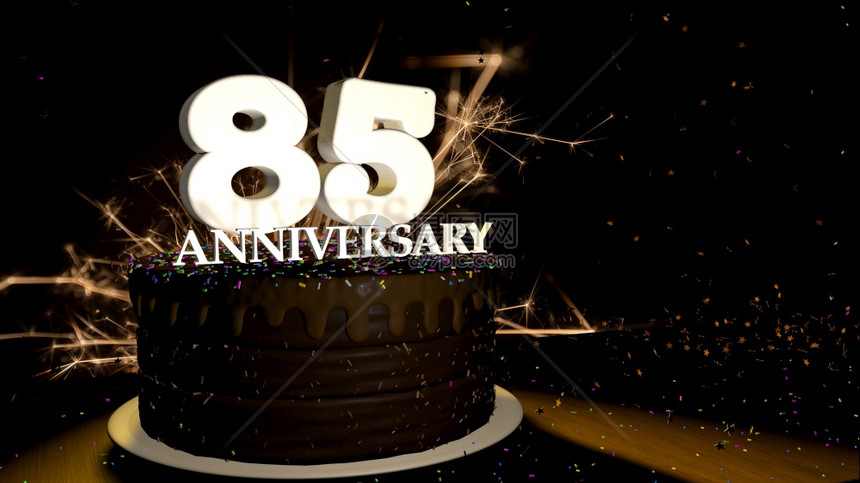 卡片85周年圆形巧克力蛋糕装饰在木制桌上的蓝色红黄绿和白数字的拖车其背景和恒星中的人为火和彩色拖车倒在3D桌上纪念杯贺卡巧克力蛋图片