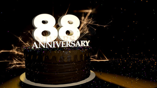 圆形的周年纪念8卡圆形巧克力蛋糕装饰着蓝色红黄绿的糖衣杏仁木桌上有白色数字背景是人造火星和彩色糖衣落在桌子上3D插图周年纪念贺卡图片