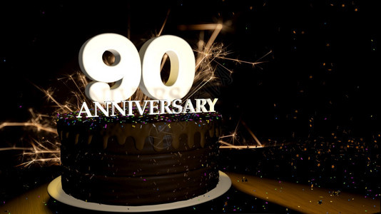乐趣烧伤周年纪念90卡圆形巧克力蛋糕装饰着蓝色红黄绿的糖衣杏仁木桌上有白色数字背景是人造火星和彩色糖衣落在桌子上3D插图周年纪念图片