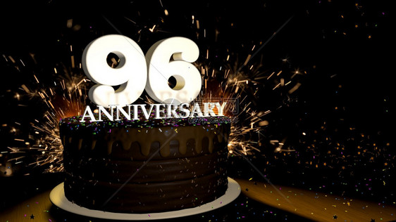 魔法基多坠落周年纪念96卡圆形巧克力蛋糕装饰着蓝色红黄绿的糖衣杏仁木桌上有白色数字背景是人造火星和彩色糖衣丸落在桌子上3D插图周图片