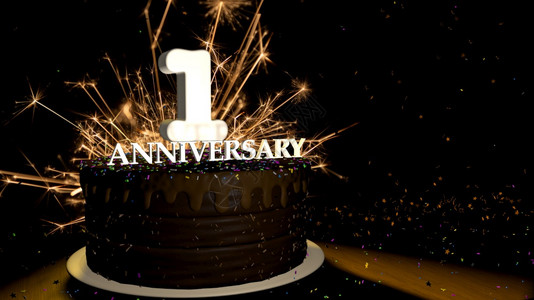 快乐的周年纪念日1卡圆形巧克力蛋糕装饰着蓝色红黄绿的糖衣杏仁木桌上有白色数字背景是人造火星和彩色糖衣丸落在桌子上3D插图周年纪念图片