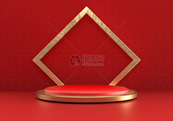 空的新年红现代风格一个讲台产品展示配有金环框架和模式背景节庆传统艺术概念3D插图提供形设计制作片几何的座图片