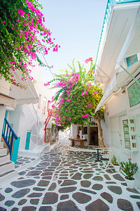 门村庄岛上狭窄的街道有蓝色阳台楼梯和鲜花在Greek村建造美丽的筑外观以环形风格建造脚步图片