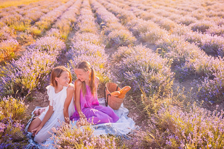 假期女紫色的穿白裙子戴帽的在日落时穿白礼服戴帽子的在紫衣花田野餐中可爱的小姑娘们图片