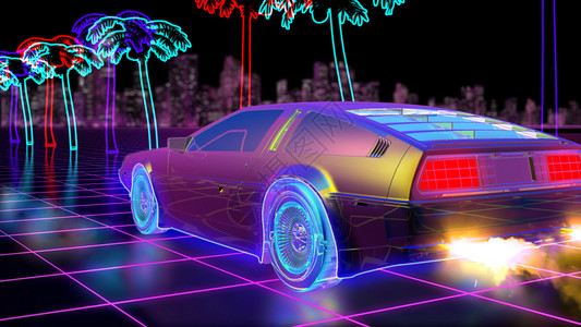 速度渲染3D以虚拟空间80年代未来汽车的科幻小说风格在计算机空间中创造明亮的追溯世界背景对于任何专题介绍或你自己的图形项目来说都图片