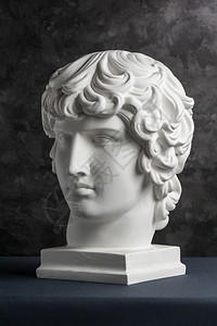 黑暗的古老安提诺斯头雕像白石膏复制件供艺术家在一张深色纹理背景的画家用人类面部的粉笔雕塑古老雕像安提诺斯头印本智慧半身像图片