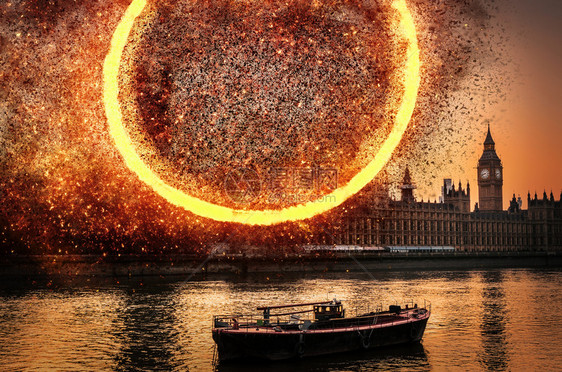 有害天英国伦敦威斯敏特议会大厦的时代末日数字爆炸概念英国伦敦威斯敏特议会大厦的爆炸概念火球图片