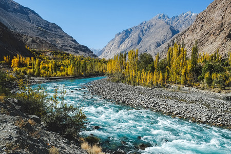 秋天风景吉特河蓝色绿水流经巴基斯坦吉尔特巴提斯坦Ghizer的GilgitBaltistan由兴都库什山脉包围的Gupis农村户图片