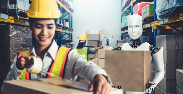 合作与工人一起在仓库作的创新业机器人革命和自动化制造过程的人工智能概念与人一起在仓库作的创新业机器人链类图片