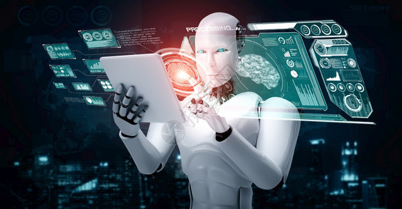 在第四次工业革命的人智能和机器学习过程中使用平板电脑进行人工智能思考大脑概念中的机器人体3D演示使用平板电脑进行人工智能思维大脑图片