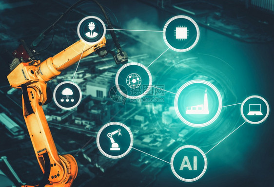 即时的手臂网络用于数字工厂生产技术的智能工业机械臂展示工业40或第四次工业革命的自动化制造过程和控操作的IOT软件用于数字工厂生图片