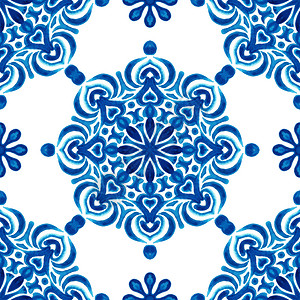 摩洛哥菲斯蔓藤花纹装饰品蓝色和白的手抽象画蓝白手绘简图纺织瓷砖