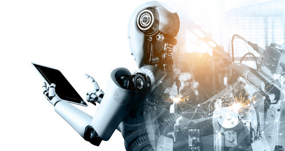 机械化工业器人和械臂双曝光图像工业革命和未来厂自动化制造过程的人工智能概念机械化工业器人和械臂双曝光图像虚拟的控制自动图片
