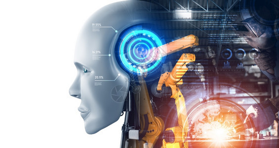 机械化工业器人和械臂双曝光图像工业革命和未来厂自动化制造过程的人工智能概念机械化工业器人和械臂双曝光图像机器人化白色的技术图片