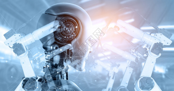 控制论的机器人技术手械化工业器人和械臂双曝光图像工业革命和未来厂自动化制造过程的人工智能概念机械化工业器人和械臂双曝光图像图片