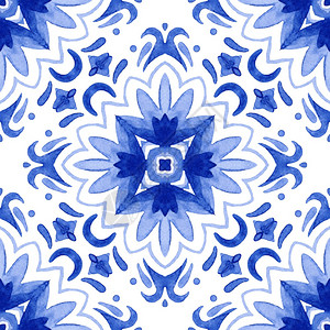 靛青伊卡特蓝色大坝的无缝模式印度神教复兴史上无缝图案伊迪戈复兴花状瓷砖装饰朵蓝色抽象纤维素背景葡萄牙文和西班陶瓷砖启发了精密无缝图片