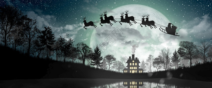 圣诞快乐节日圣诞老人的休丽月夜满骑着驯鹿上他们的一种魔法轮廓图片