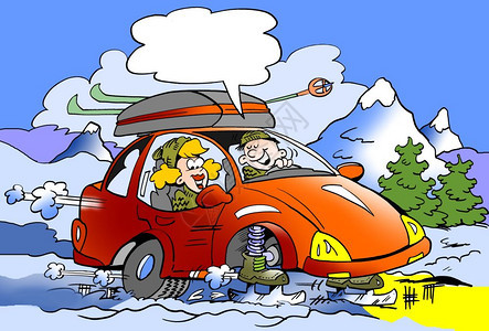 车辆卡通插画一个家庭滑雪旅行时用新装的冰鞋代替轮子运输服务图片