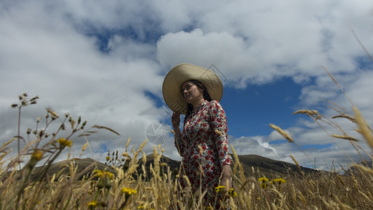 时尚乡村的穿着花裙和长帽的快乐年轻女子在阴天中走麦田间背景是蓝天和山脉多云的麦田女孩图片