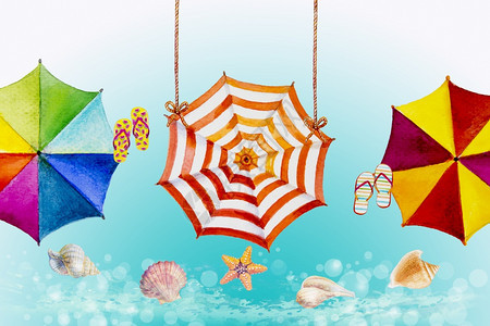 季节多色雨伞彩画水色夏季假日和旅游商业海滩度假胜地纹理背景手画抽象图解复制空间的顶端景色假期贝类图片