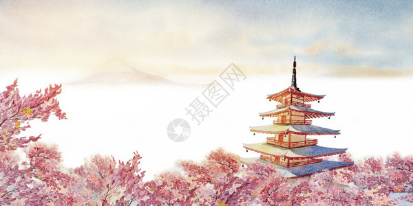 全景吸引力在日本赤野红塔藤田山和粉色樱桃花的著名地标清晨日出时美丽的春季花朵翻版空间天背景Acceplyspacesirbrol图片