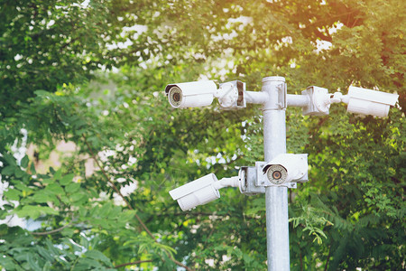 保护特写多角度闭路电视摄像机安装在绿色公园共概念闭路电视摄像机操作观看城市安全盖盗窃软焦点花园镜片图片