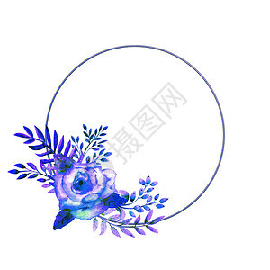 自然花园为了几何框架在白色孤立背景上用蓝色玫瑰花框起来海报邀请用于装饰贺卡或邀请方向的水彩作品几何框架在白色孤立背景上用蓝色玫瑰图片