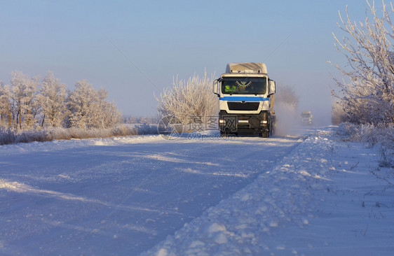 寒冷的运输白雪皑清晨一支重型卡车队沿雪覆白的色小路行驶沿一条有银冻霜的灌木丛一带被雪覆盖的白色小路行驶由一辆重型卡车组成的队沿一图片
