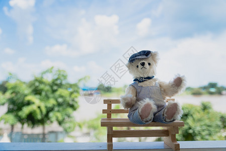 男生日出坐在公园院子的泰迪熊与白花和绿草一同坐落在公园院子上日落图片